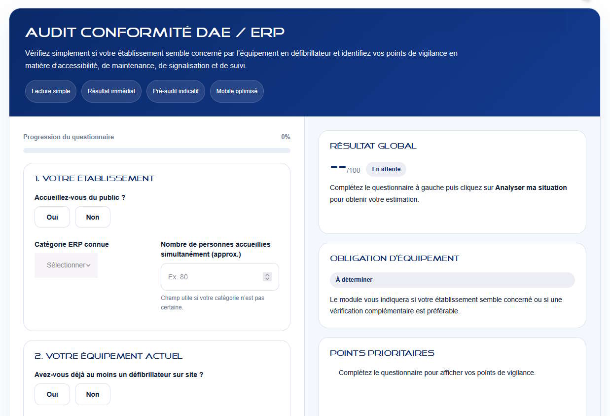Audit conformité DAE ERP en ligne | Vérifiez votre obligation défibrillateur 2026